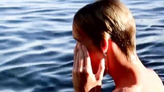 Blond twinky goes for a swim and then strokes his cock