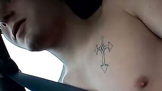 Horny Billy gets on the passenger seat and jerks his dick