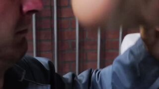 Bearded guard Rikk York receives foot licking from prisoner