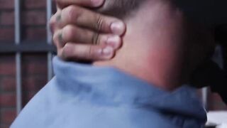 Bearded guard Rikk York receives foot licking from prisoner