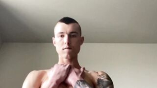 Tattooed hunk Hoss Kado teases his big throbbing cock solo