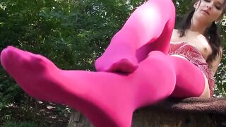 Slender chick Sasha Sparrow fucks outside inside nylons