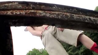 Cute straight guy Sean Johansen works on his dick in nature