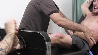 Amateur tickled on toes and feet by two men repeatedly