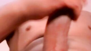 Skinny amateur jerks off his lubed up cock and cums solo