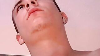 Skinny amateur jerks off his lubed up cock and cums solo