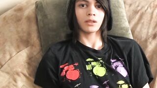 Skinny twink Roxy stuffs dildo and wanks off after interview