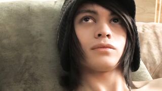 Skinny twink Roxy stuffs dildo and wanks off after interview