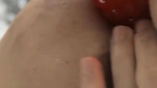 Skinny twink Roxy stuffs dildo and wanks off after interview