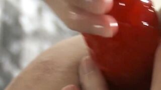 Skinny twink Roxy stuffs dildo and wanks off after interview