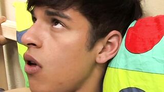 Twink bottom cums while anal riding his lovers big dick