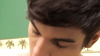 Twink bottom cums while anal riding his lovers big dick