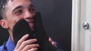 Lustful AJ Sloan footjob jock Amone Banes cock while jerkingÂ 