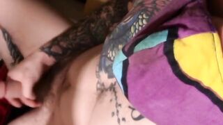 Tattooed straight thug wears Covid mask while masturbating