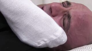 Bound bald mature endures smelling his masters funky feet