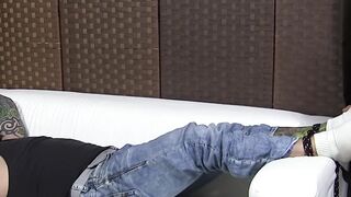 Bound hunk feet worshiped and foot fucked by his dom