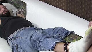 Bound hunk feet worshiped and foot fucked by his dom