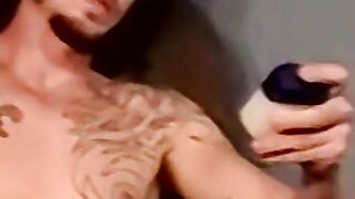 Inked marine blown by mature homo during stroking session