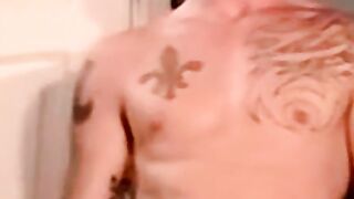 Inked marine blown by mature homo during stroking session