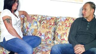 German role play with a older african-haired woman