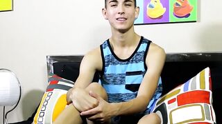 Young guy interviewed before he starts stroking on his rod