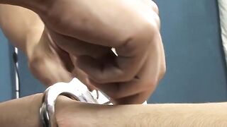 Handcuffed horny twinks bareback pounding and cock sucking