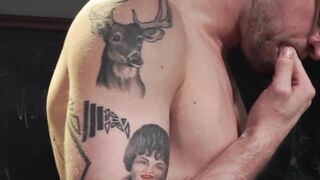 Tattoed stud pounding guys hole after rimming and sucking