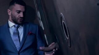 Classy hunk sucks a gloryhole cock before being hammered
