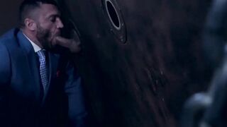 Classy hunk sucks a gloryhole cock before being hammered