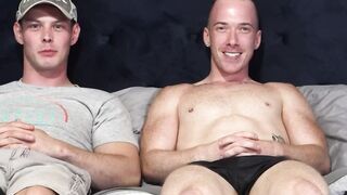 Brunette inked soldier Sebastian Woods drills hair dude after throatfucking