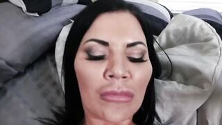 Nasty MILF masturbates in bed before her stepson bangs her