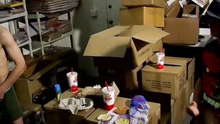 Skinny straight twinks jerk off together and cum on food