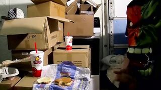 Skinny straight twinks jerk off together and cum on food