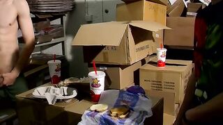 Skinny straight twinks jerk off together and cum on food