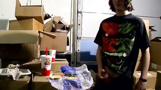 Skinny straight twinks jerk off together and cum on food