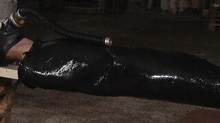 Restrained masked sub twink Axel Rubberax milked for cum