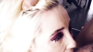 Hot blonde slut chokes on cock and drools while sucking on it