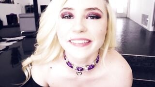 Hot blonde slut chokes on cock and drools while sucking on it
