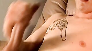 Dirty blond showsoff his furry bush and working his dick up