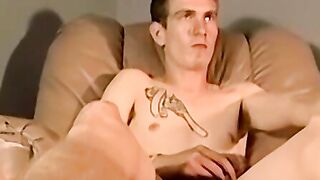 Dirty blond showsoff his furry bush and working his dick up