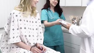 Naughty nurse Jessica Ryan teases Kyler Quinn into fucking with her and doctor