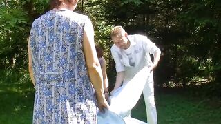 Mature sluts boned outdoors into FFM 3 way
