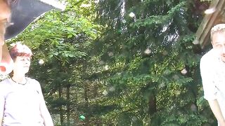 Mature sluts boned outdoors into FFM 3 way