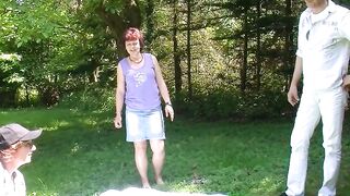Mature sluts boned outdoors into FFM 3 way