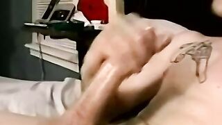 Handsome amateur masturbating with help of mature homo