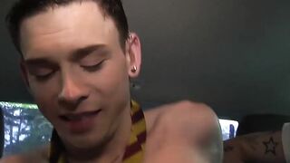 Twink gay spitroasted by skinny buddies in homemade video