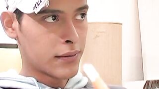 Cute Latino twink fucked bareback after passionate blowjob
