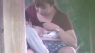 Voyeur records Japanese chick fucking and blowing outside