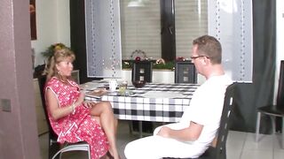 Old German wifey inside underwear having kitchen sex