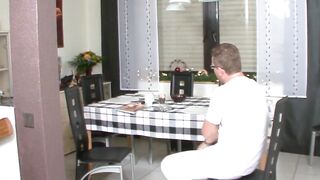 Old German wifey inside underwear having kitchen sex